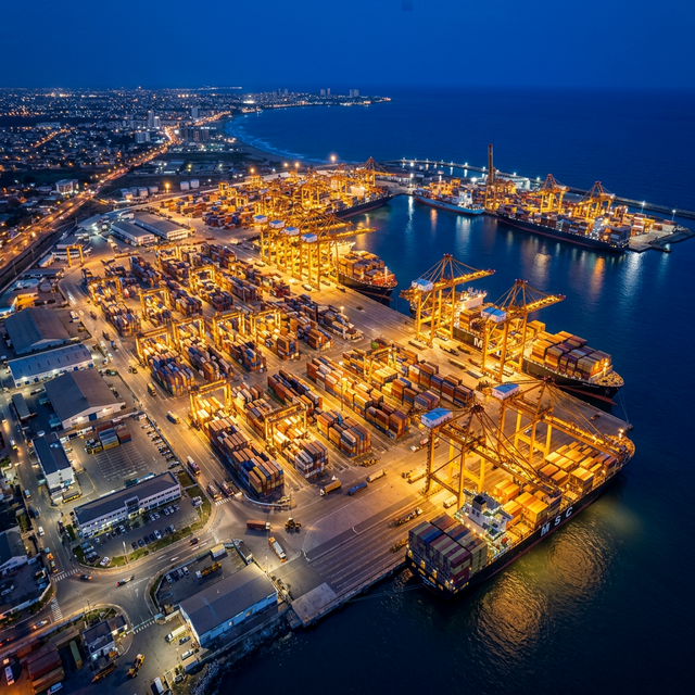 Tema Port operating dynamically at night